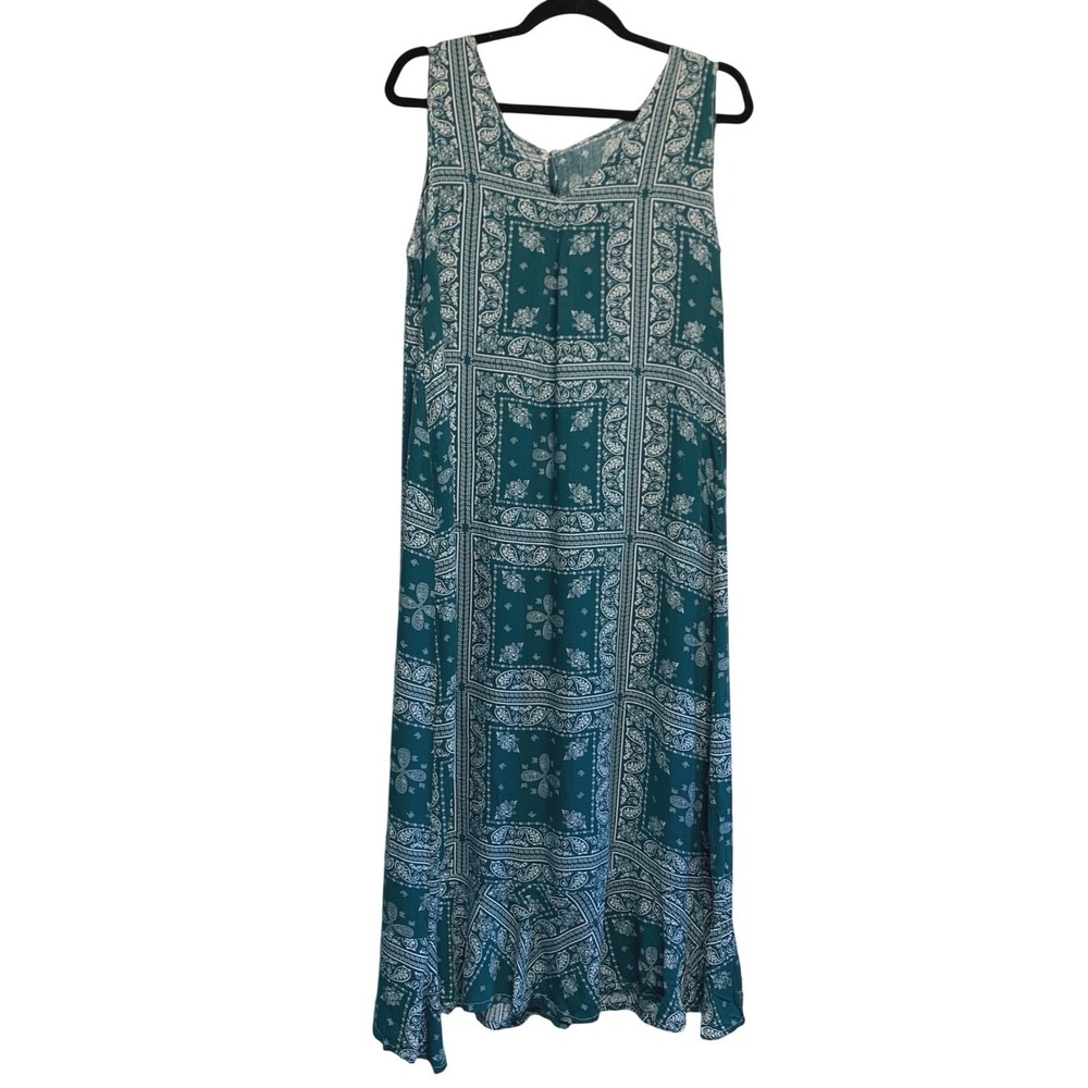 Bandana Paisley Maxi Dress Small Teal Green Sleeveless Ruffle Hem Hippie Boho